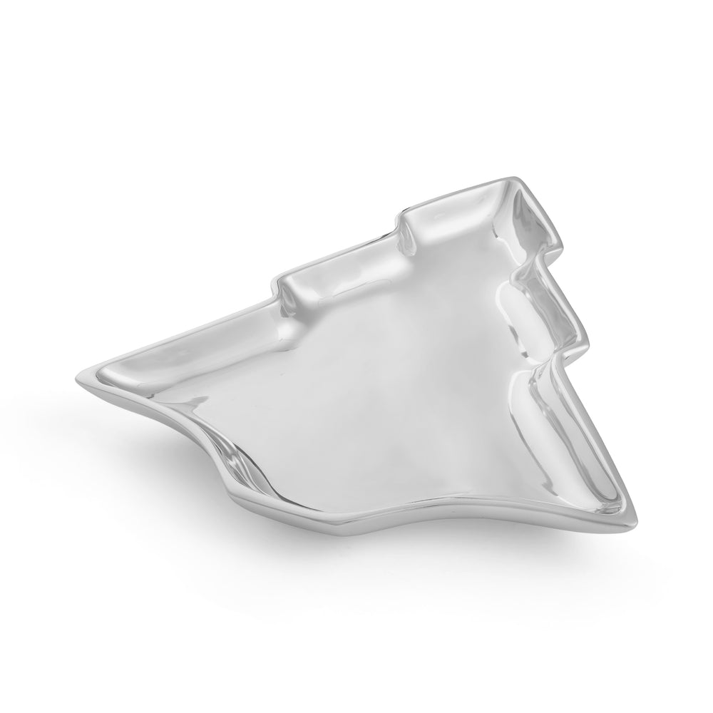 Angled view of 11.5 inch Christmas tree-shaped serving dish showcasing polished silver alloy finish on white background