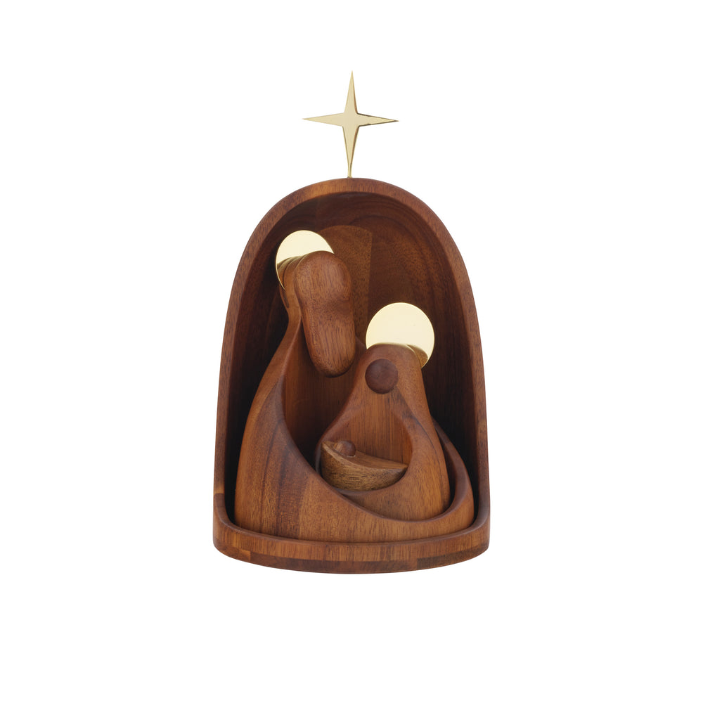 Front view of Nested Nativity Set showing nested wooden holy family with gold halos and star on white background