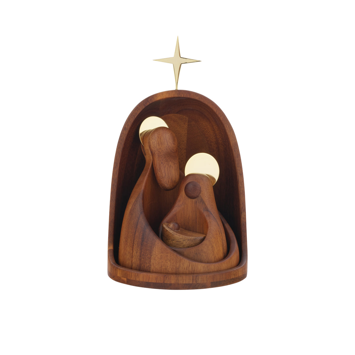 Front view of Nested Nativity Set showing nested wooden holy family with gold halos and star on white background