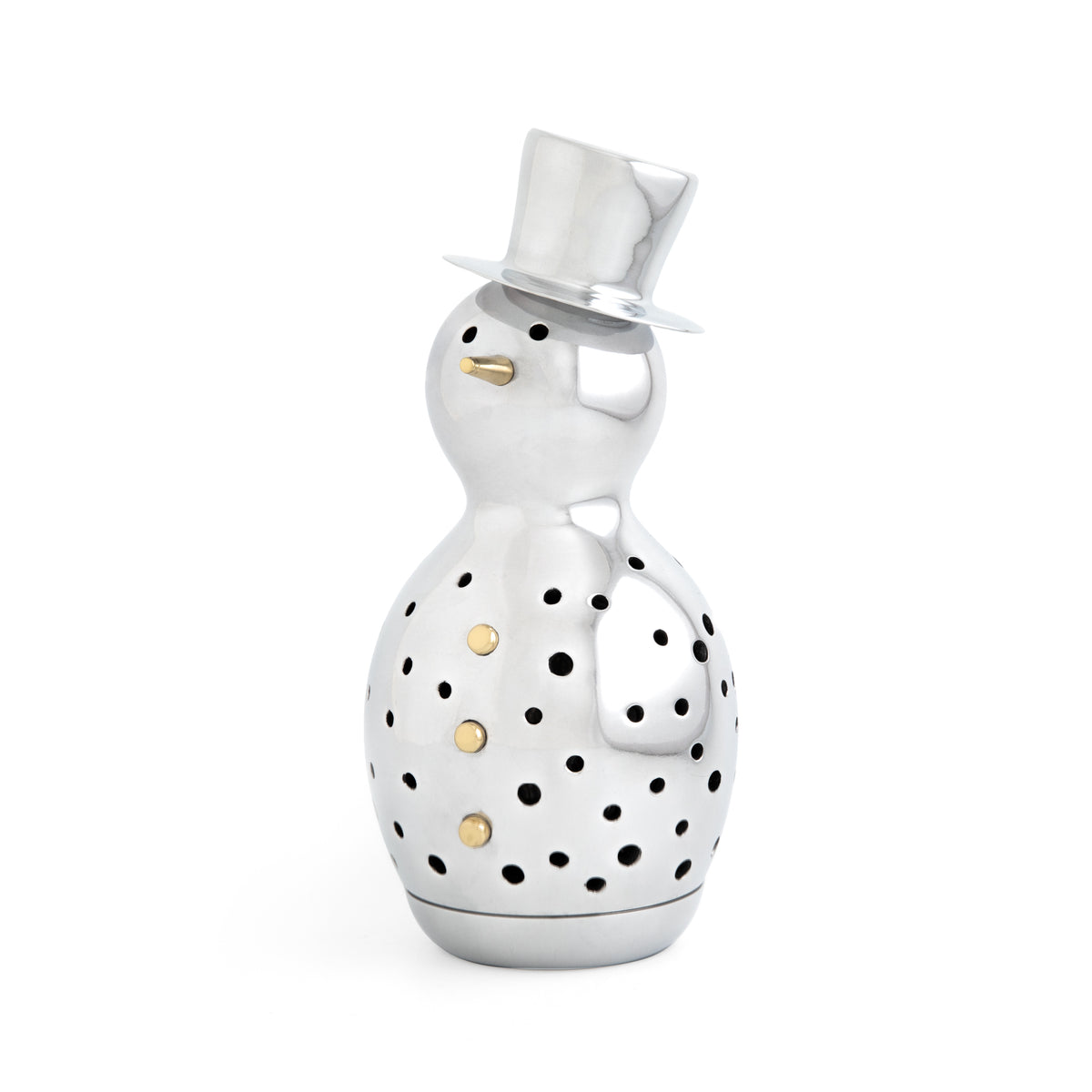 Three-quarter view of Nambe Luminary Snowman showcasing perforated luminary holes, gold nose and buttons, polished silver alloy finish on white background