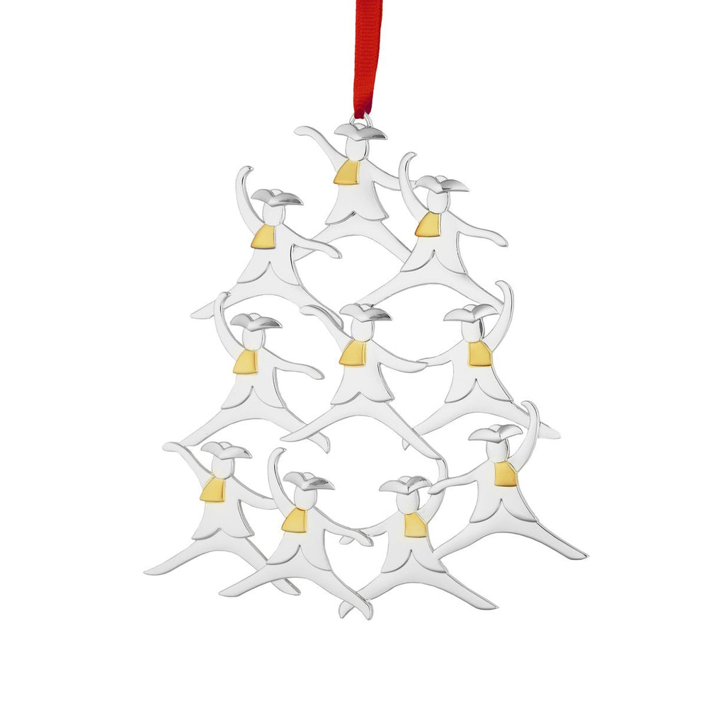 Front view of Ten Lords a Leaping ornament showing ten silver alloy leaping figures with gold-tone scarves and a red hanging ribbon on white background