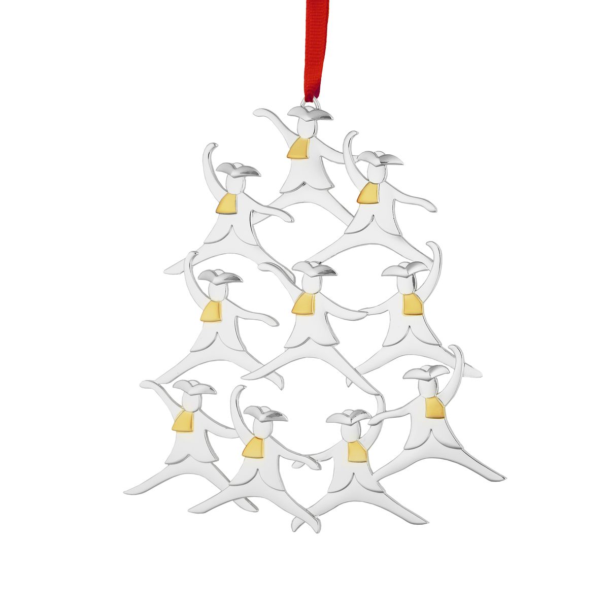 Front view of Ten Lords a Leaping ornament showing ten silver alloy leaping figures with gold-tone scarves and a red hanging ribbon on white background