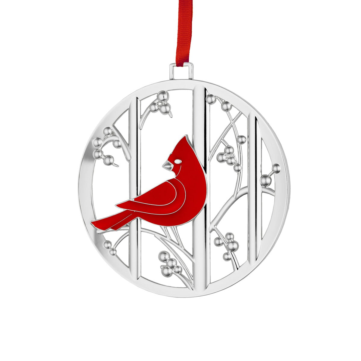 Front view of Cardinal ornament showing a red enamel cardinal on a round silver filigree frame with a red ribbon hanger on white background