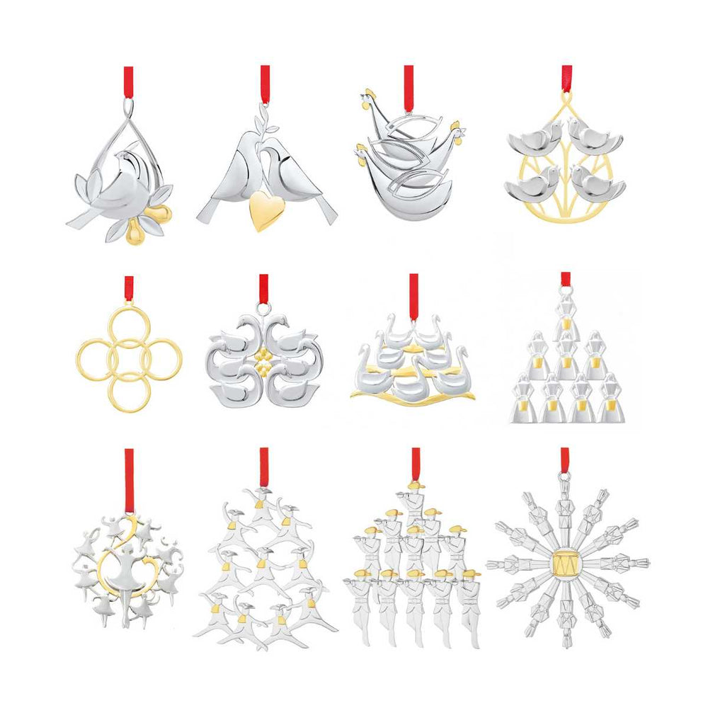 Front view of 12 Days of Christmas ornament set of silver ornaments with gold accents and red ribbons