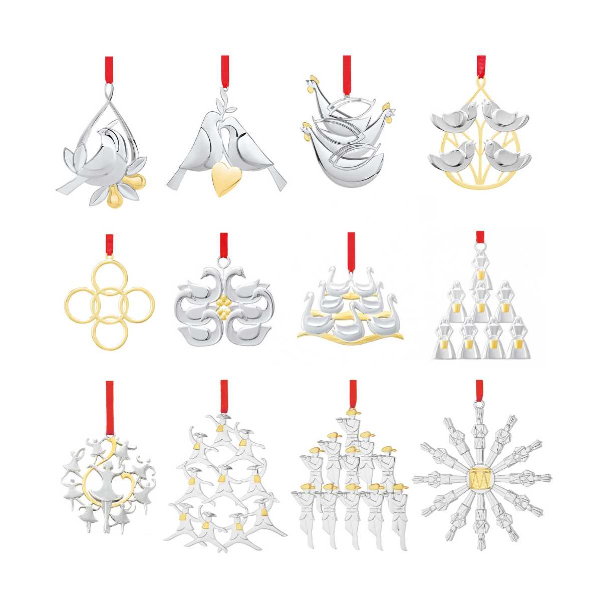 Front view of 12 Days of Christmas ornament set of silver ornaments with gold accents and red ribbons