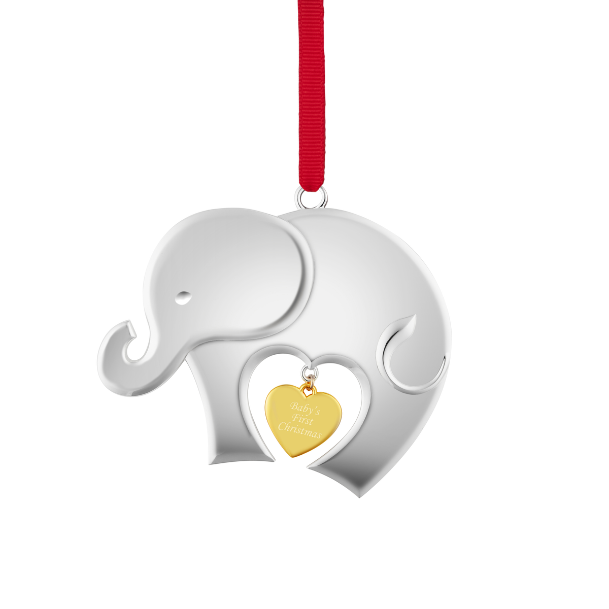 Front of silver elephant Baby’s First Christmas ornament showing gold heart charm and red ribbon on white background