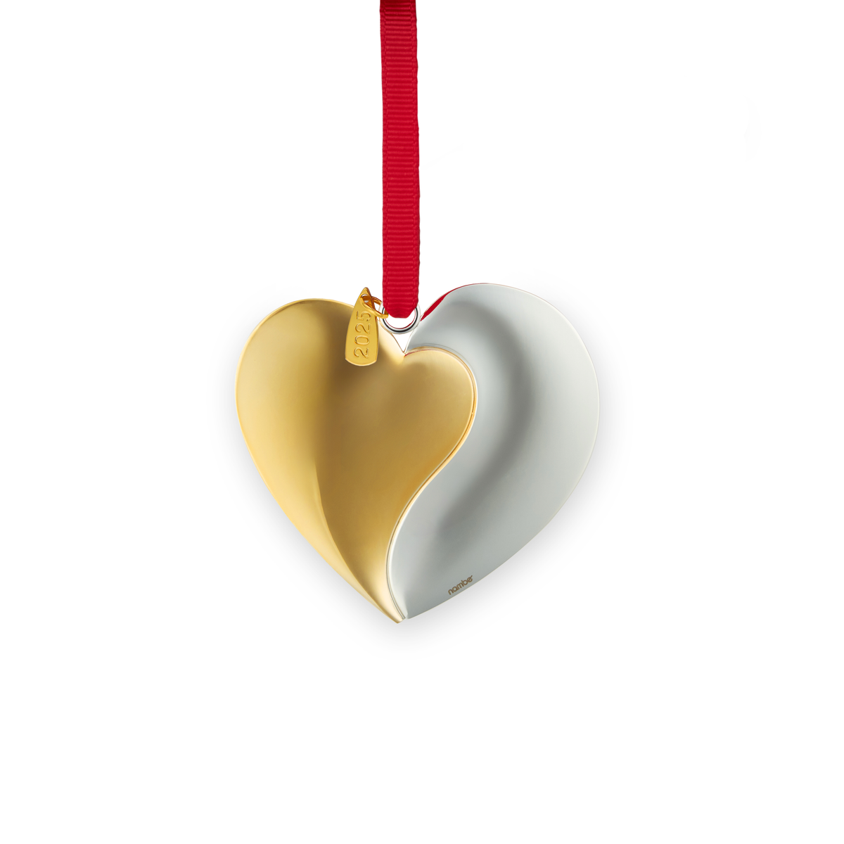 Front view of First Christmas Together heart ornament, two-tone gold and silver, engraved 2025 tag, red ribbon