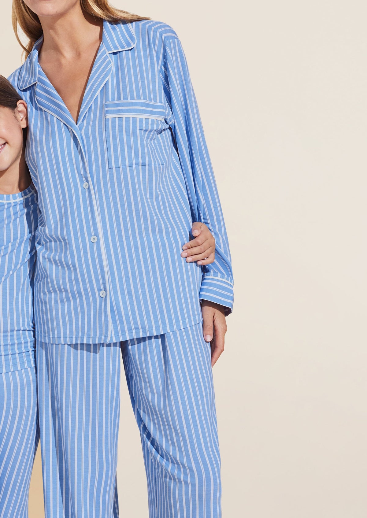 Front view of Gisele Printed TENCEL Modal Long PJ Set showcasing blue ivory stripes and pocket against a plain background