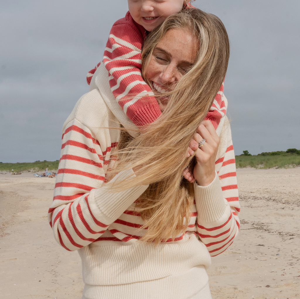 Women's Cream and Red Stripe Cropped Sweater
