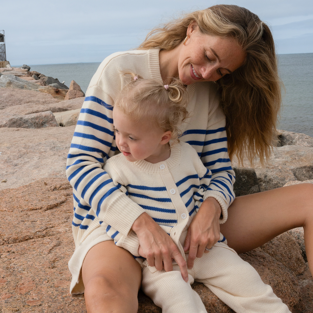 Women's Cream and Blue Stripe Knit Cardigan