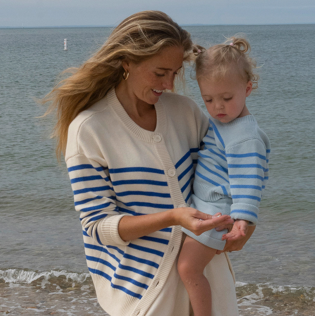 Women's Cream and Blue Stripe Knit Cardigan