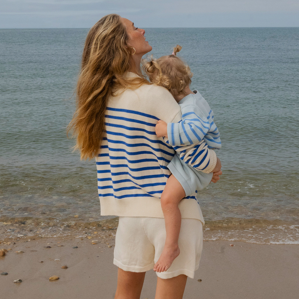 Women's Cream and Blue Stripe Knit Cardigan