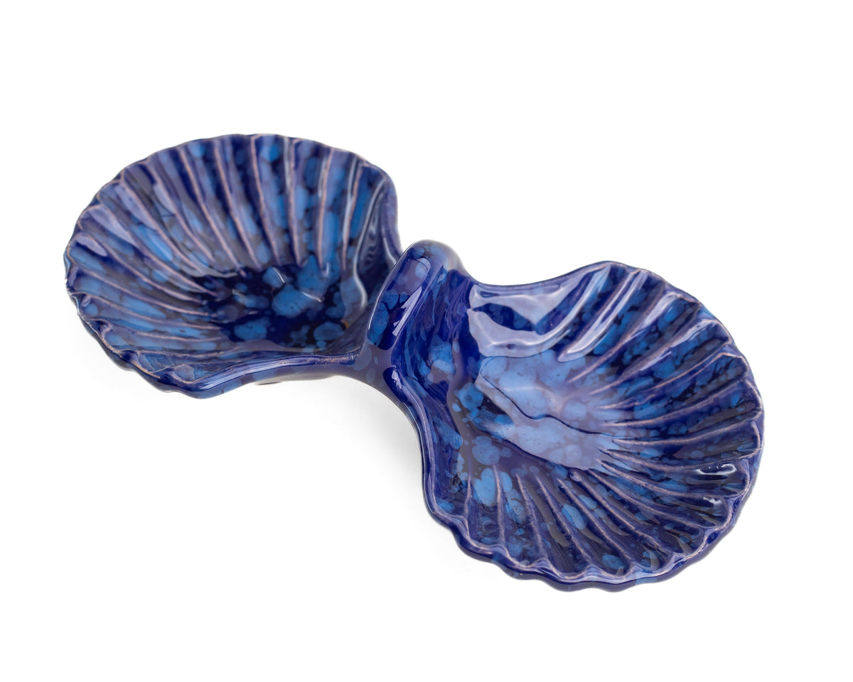 Close-up view of Anais Double Concha Tonal Blue showcasing its hand-painted scalloped double bowl design on a white background