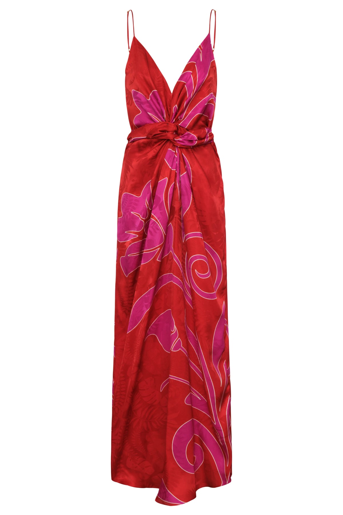 Macarena Silk Jacquard Midi Dress in Red & Fuchsia Maxi Buganvilia