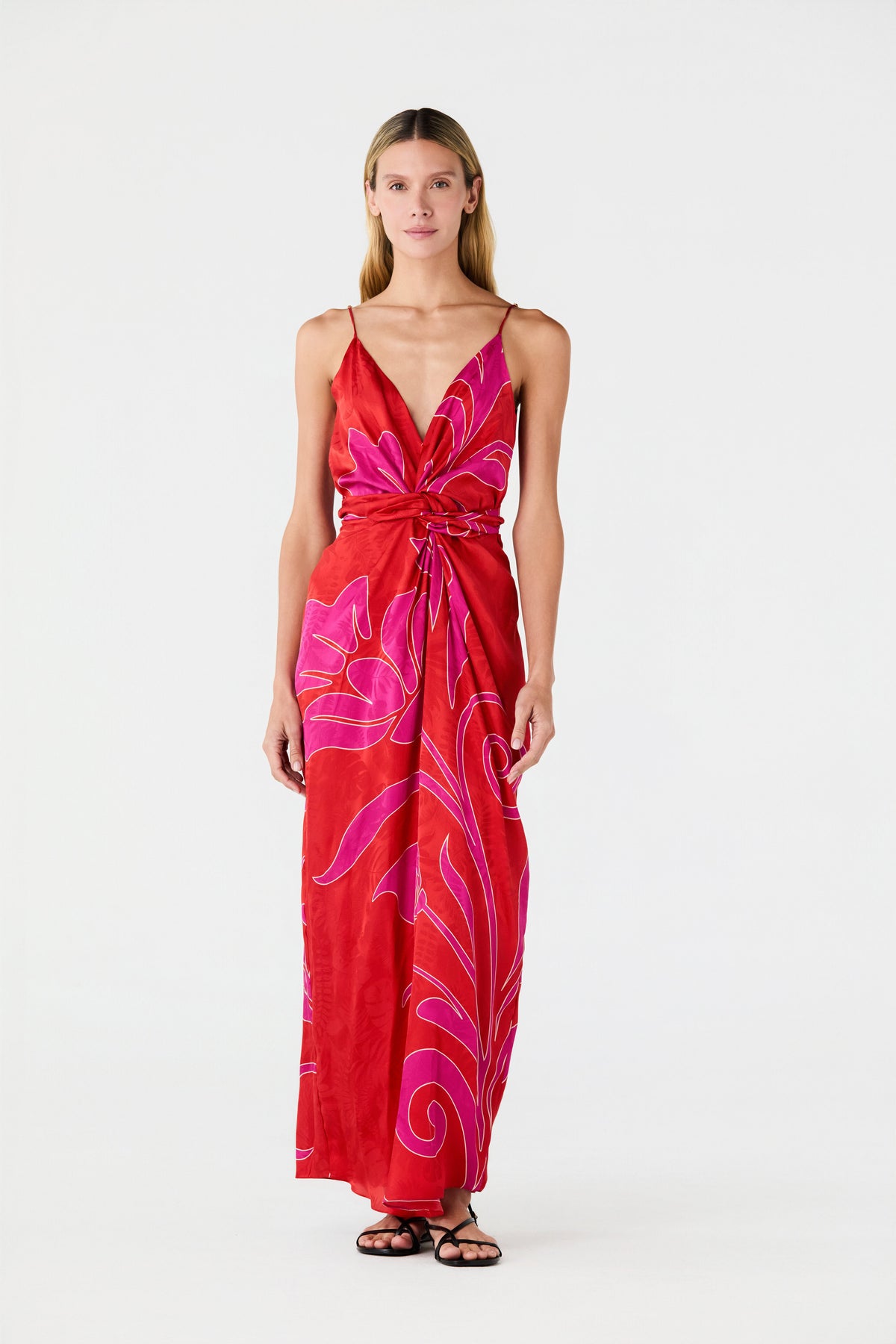 Macarena Silk Jacquard Midi Dress in Red & Fuchsia Maxi Buganvilia