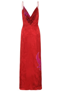 Macarena Silk Jacquard Midi Dress in Red & Fuchsia Maxi Buganvilia
