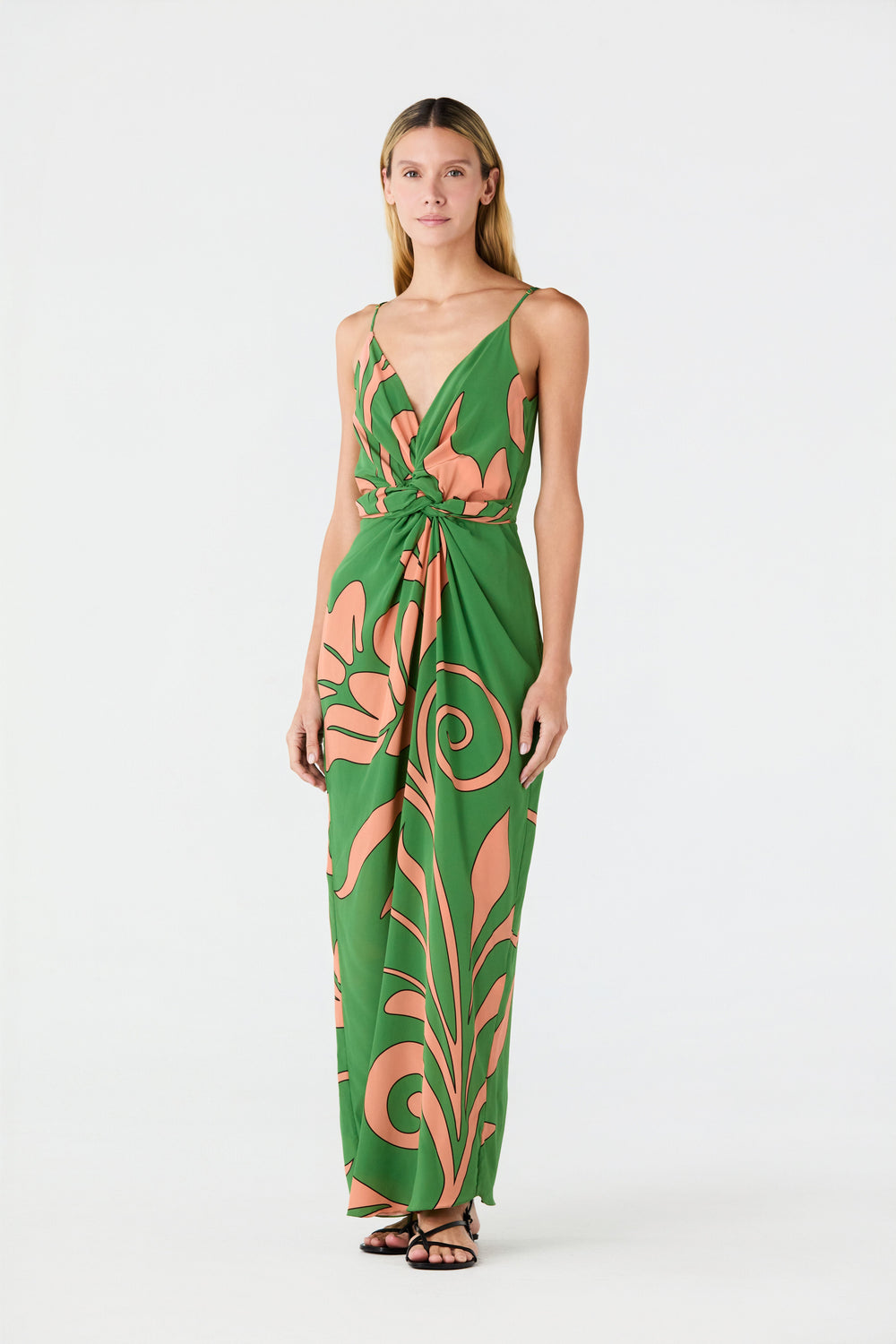 Macarena Silk Midi Dress in Green Buganvilias