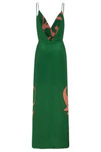 Macarena Silk Midi Dress in Green Buganvilias
