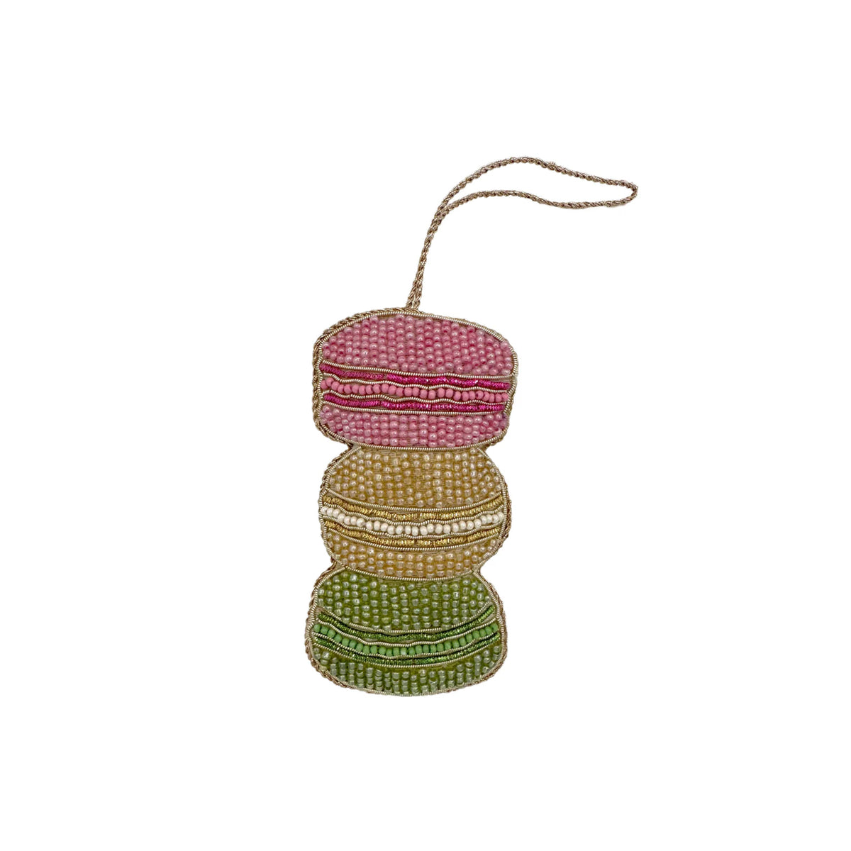 Front view of Macarons Ornament showcasing pastel pink, yellow, and green beadwork with a white background