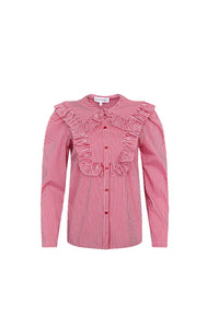 The Mae Top has a collared button front shape, ruffled yokes, and long sleeves with button cuffs. 