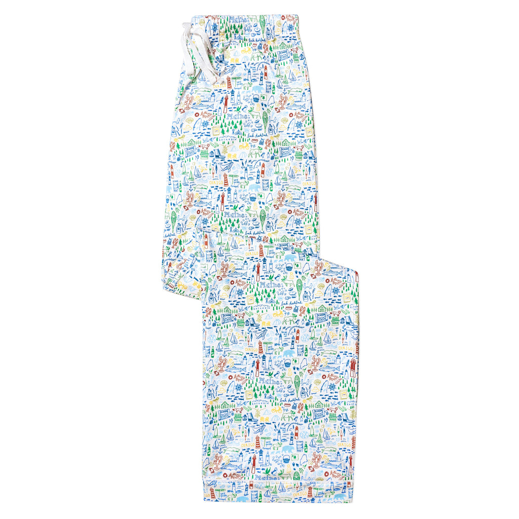 Front view of Maine Women’s Button Front Long Pajama Set showcasing hand-drawn Maine print on pajama pants with white background