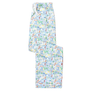 Front view of Maine Women’s Button Front Long Pajama Set showcasing hand-drawn Maine print on pajama pants with white background