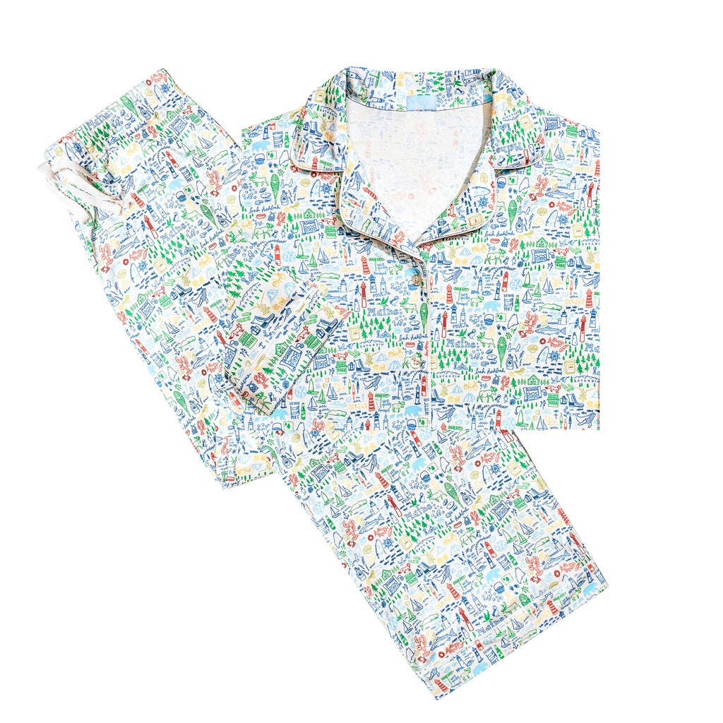 Top-down view of Maine women’s button front long pajama set showcasing colorful hand-drawn Maine print on white background