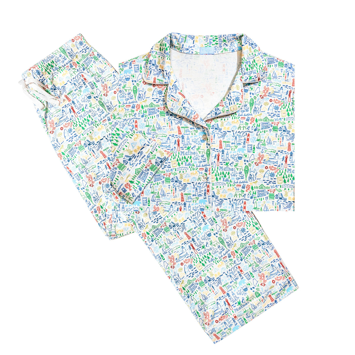 Top-down view of Maine women’s button front long pajama set showcasing colorful hand-drawn Maine print on white background