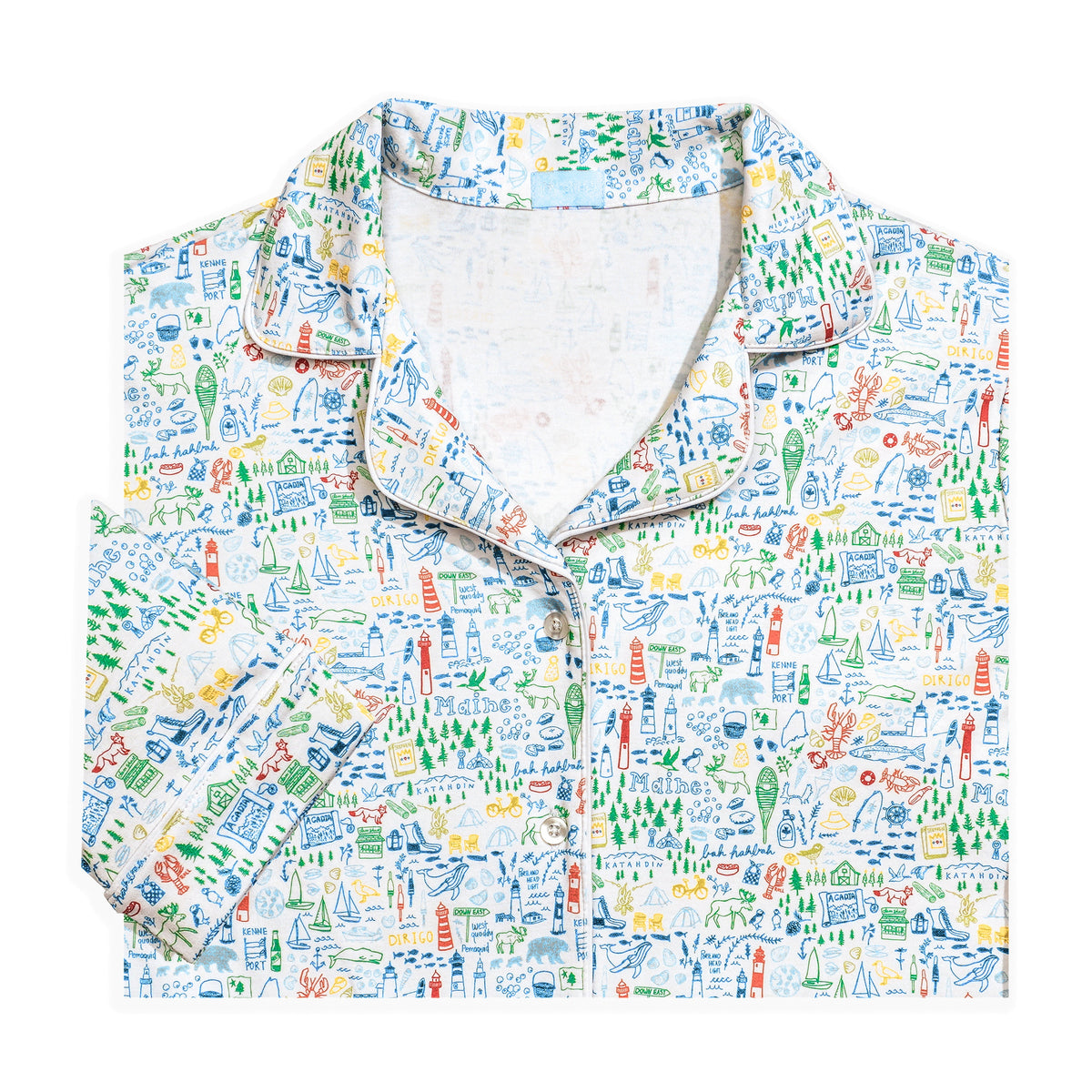 Front view of the Maine button-front pajama top showcasing its collared neckline and hand-drawn Maine print on a white background