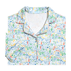 Front view of the Maine button-front pajama top showcasing its collared neckline and hand-drawn Maine print on a white background