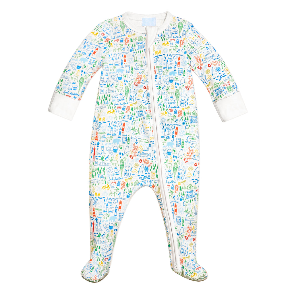 Front view of Maine Zip Baby Onesie with colorful hand-drawn Maine landmark print, side zip, footed legs, and white background