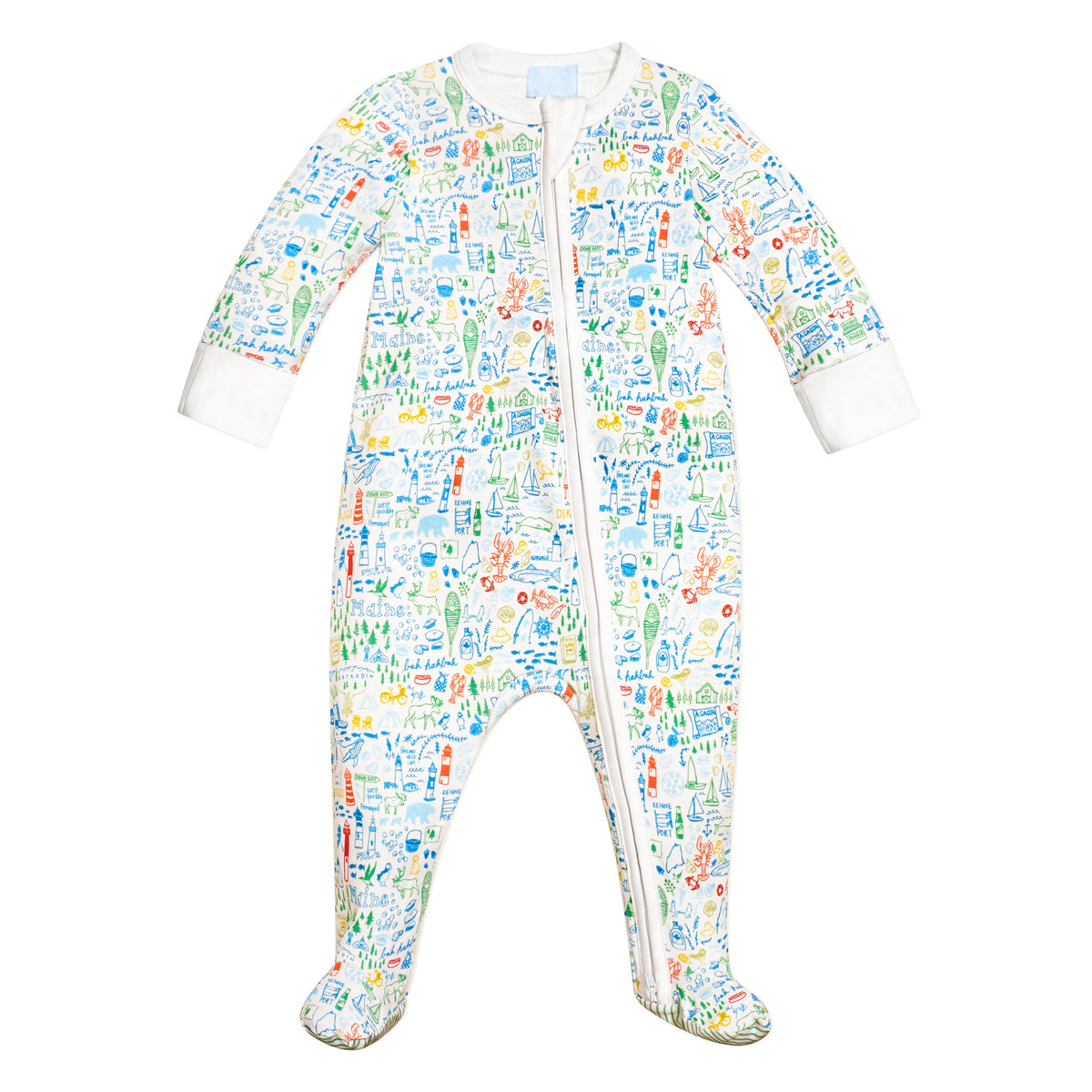 Front view of Maine Zip Baby Onesie with colorful hand-drawn Maine landmark print, side zip, footed legs, and white background