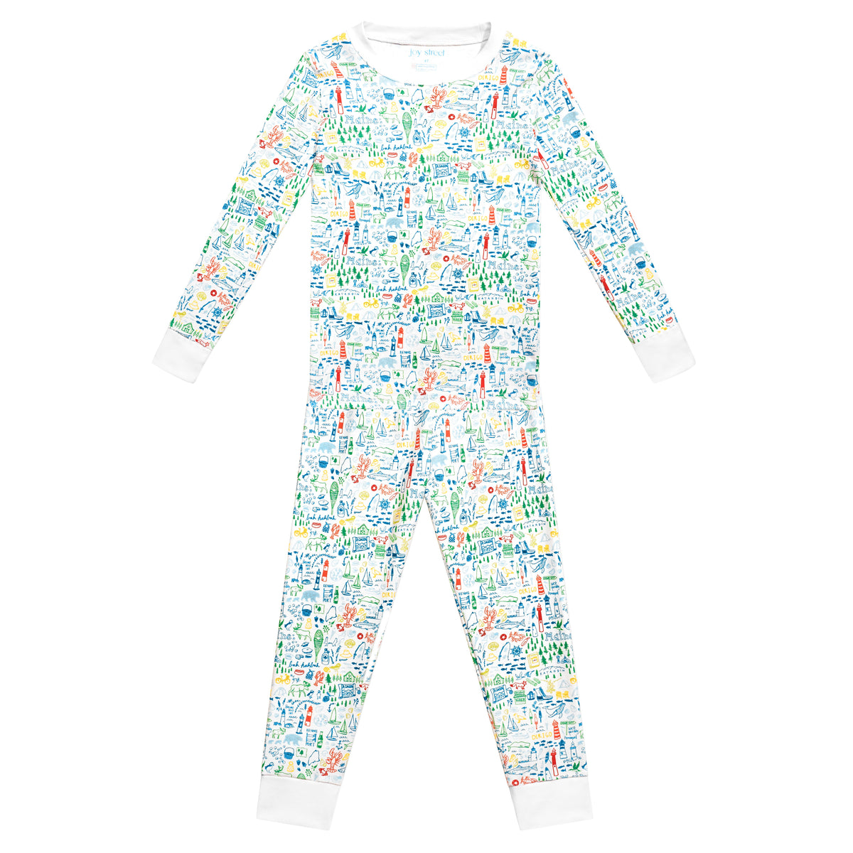 Front view of Maine two piece kids pajamas showcasing a colorful allover print and white cuffs on a white background