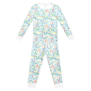 Front view of Maine two piece kids pajamas showcasing a colorful allover print and white cuffs on a white background