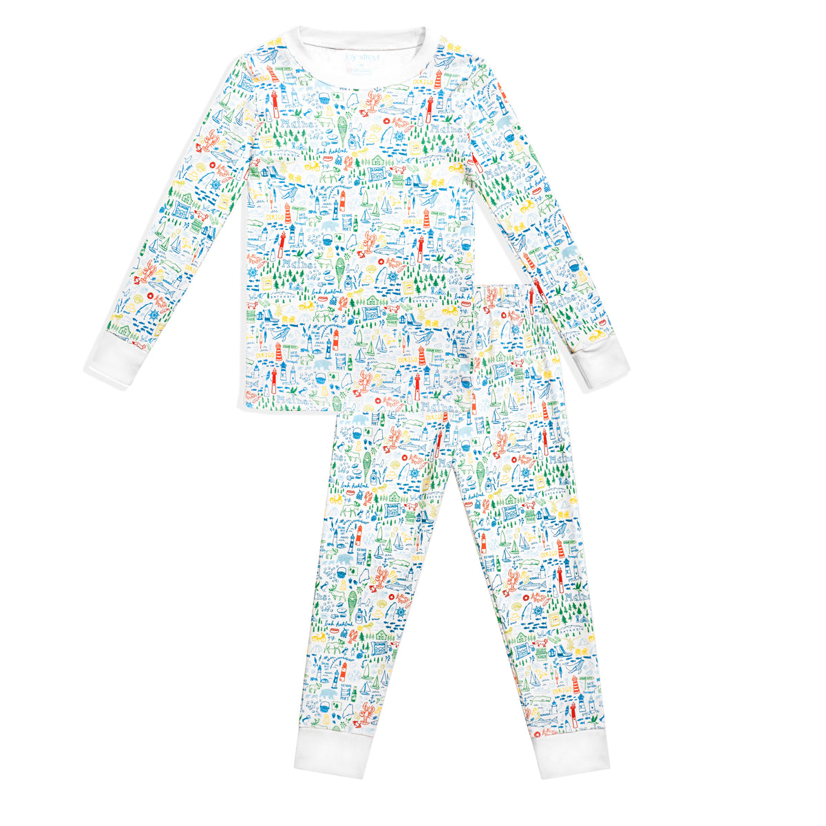 Front view of Maine two-piece kids pajamas showcasing a colorful Maine-themed print on a white background