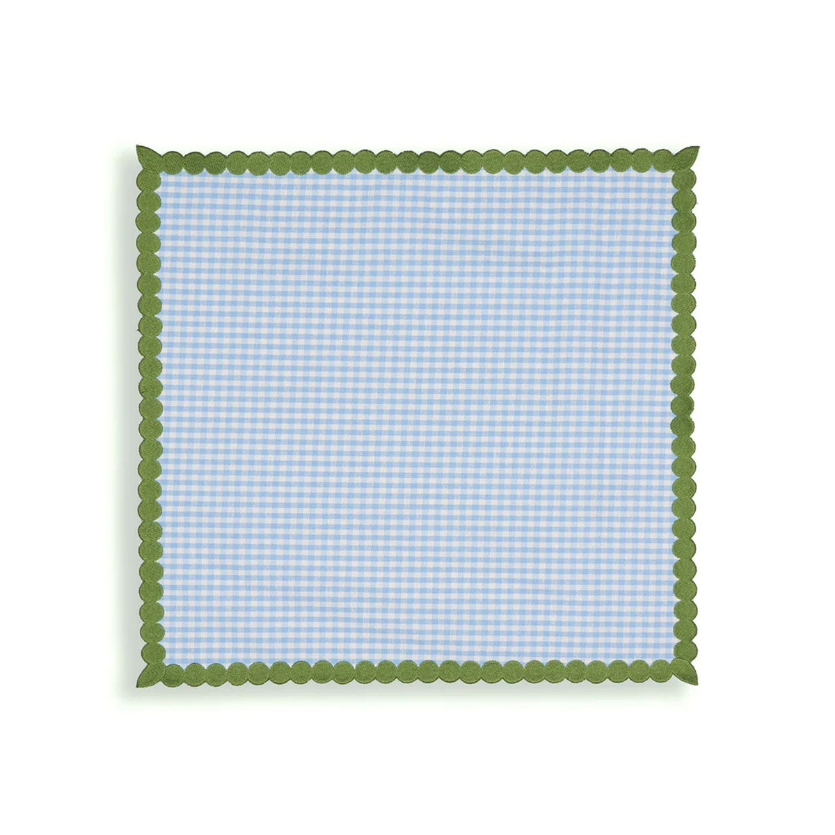 Top-down view of Maisie napkins set of 4 in blue gingham showcasing scalloped green trim on white background