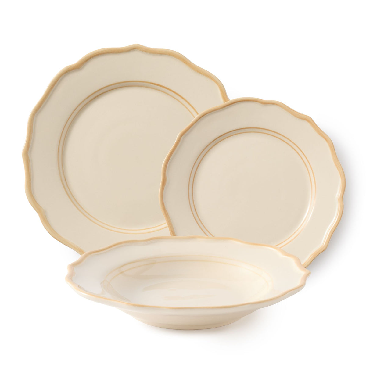 Front view of Colette Set with Pasta Bowl, Set of 12 showing scalloped plates and bowl with gold-painted rims