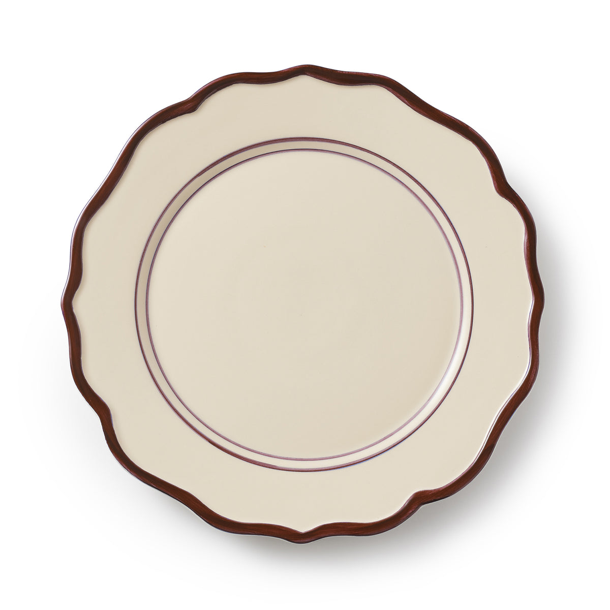 Overhead view of 10.5-inch Darlene dinner plate showcasing scalloped brown rim and double mauve inner rings on a cream background