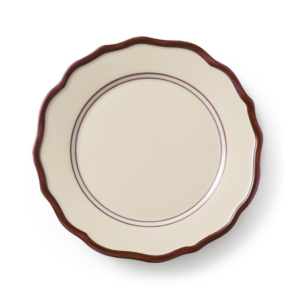 Top view of 9-inch Darlene side plate showcasing scalloped brown rim and two thin mauve rings on a cream background