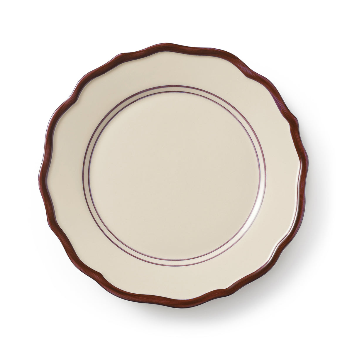 Top view of 9-inch Darlene side plate showcasing scalloped brown rim and two thin mauve rings on a cream background