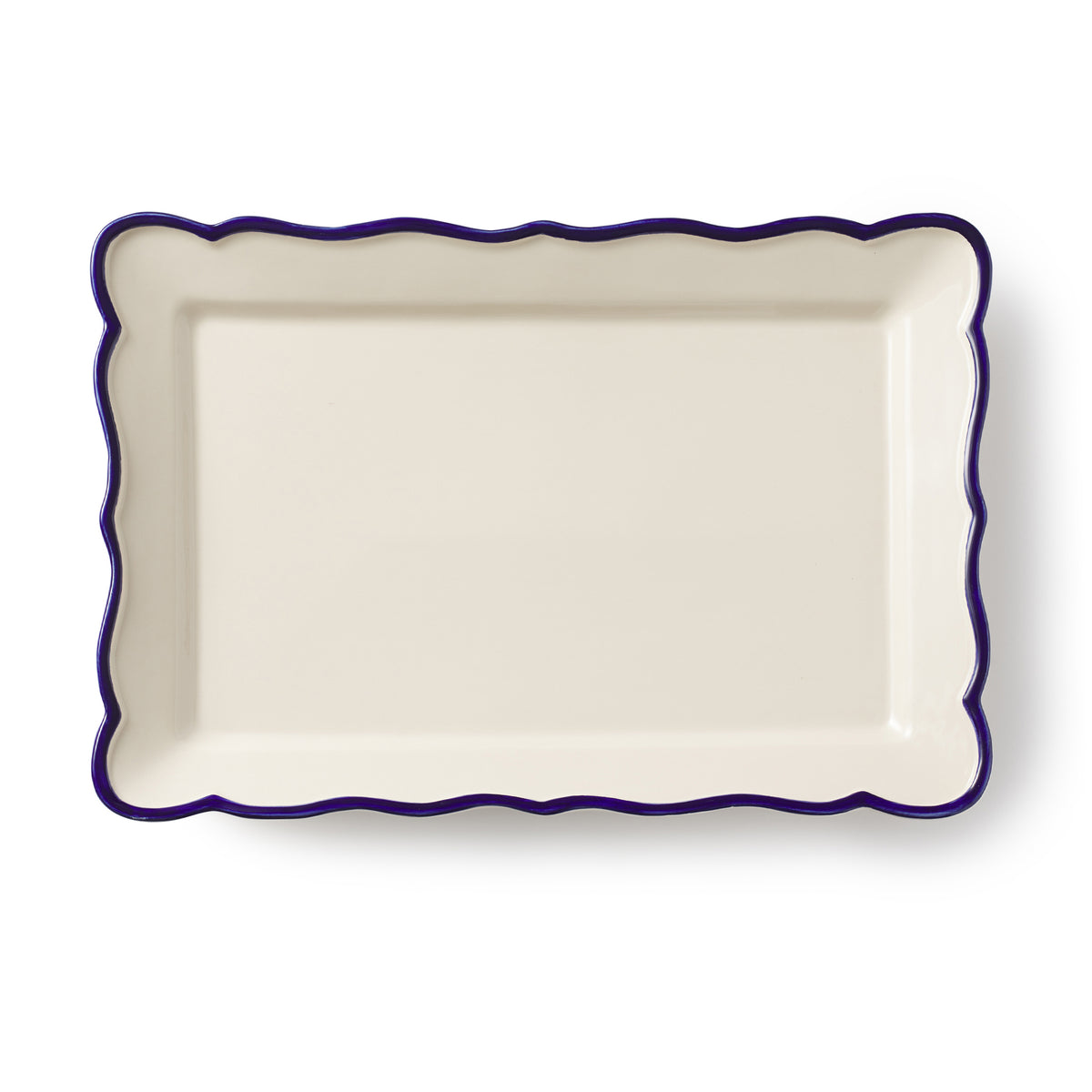 Top view of Jane Rectangular Platter showcasing its sea blue rim and wavy edge on a white background