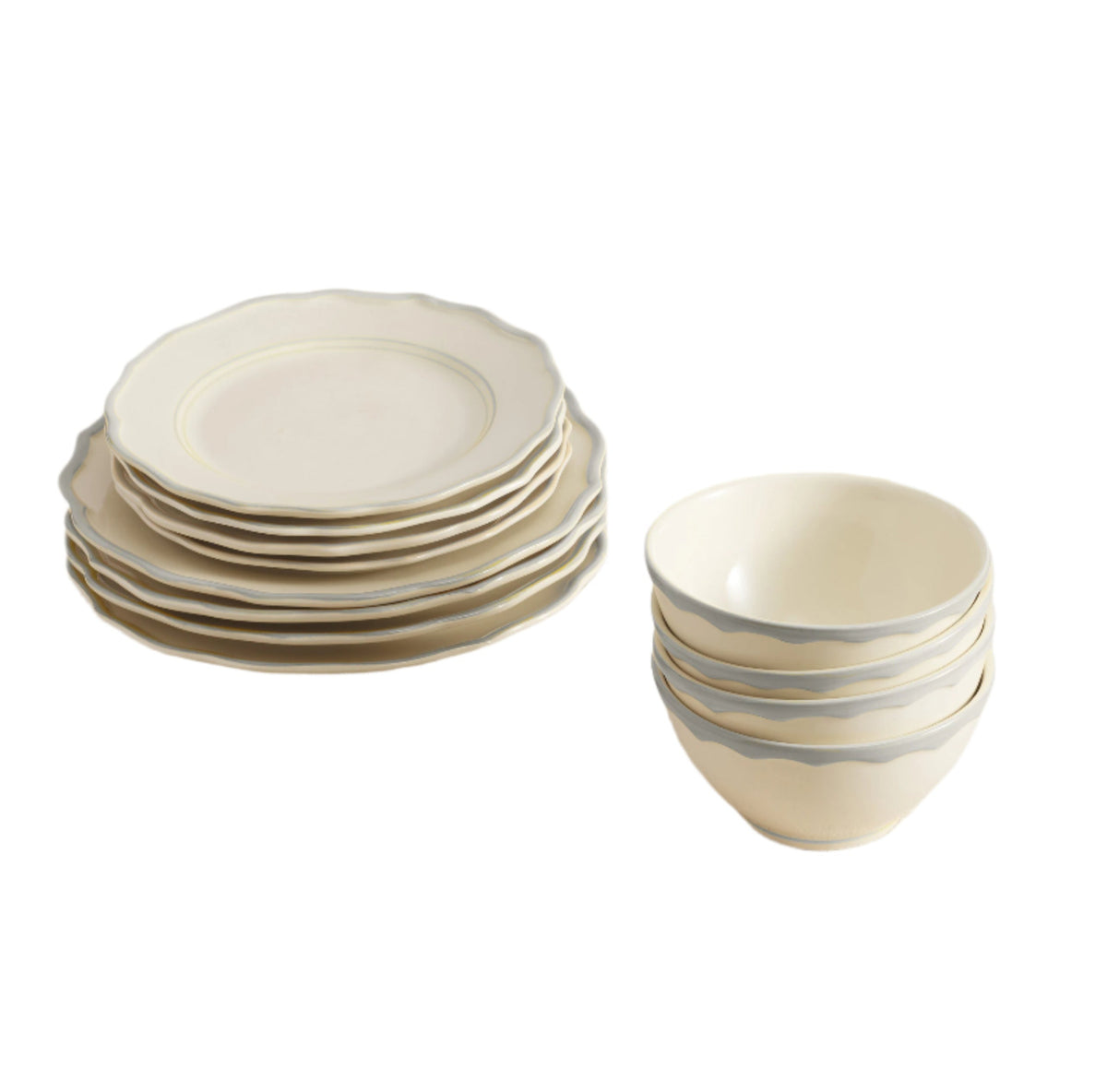 Front view of Sylvia 12-piece set: stacked cream plates and bowls with scalloped rims and gray brushstroke on white