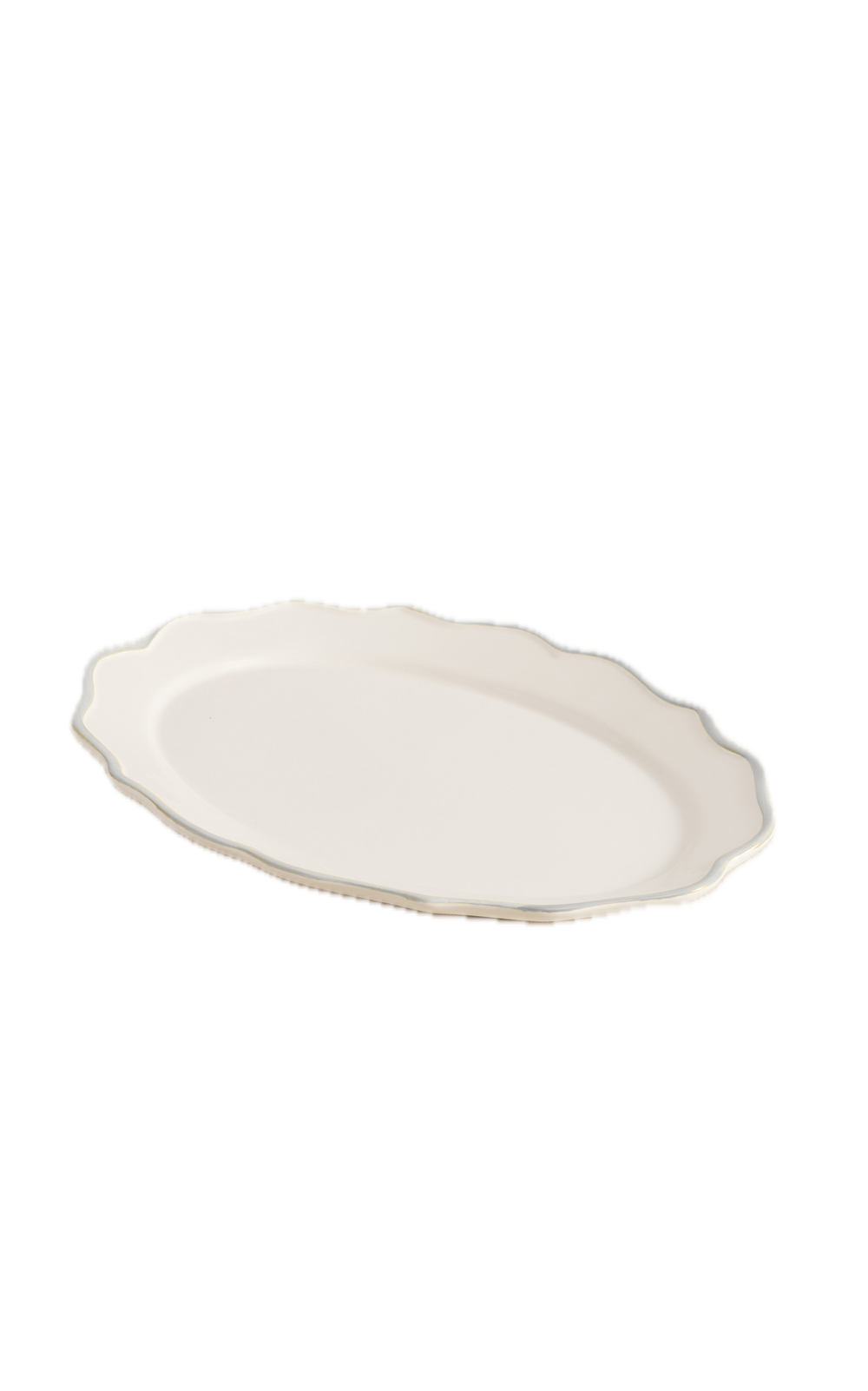 Angled view of Sylvia Oval Platter showcasing its gently curved form and soft brushstroke detailing on an isolated background