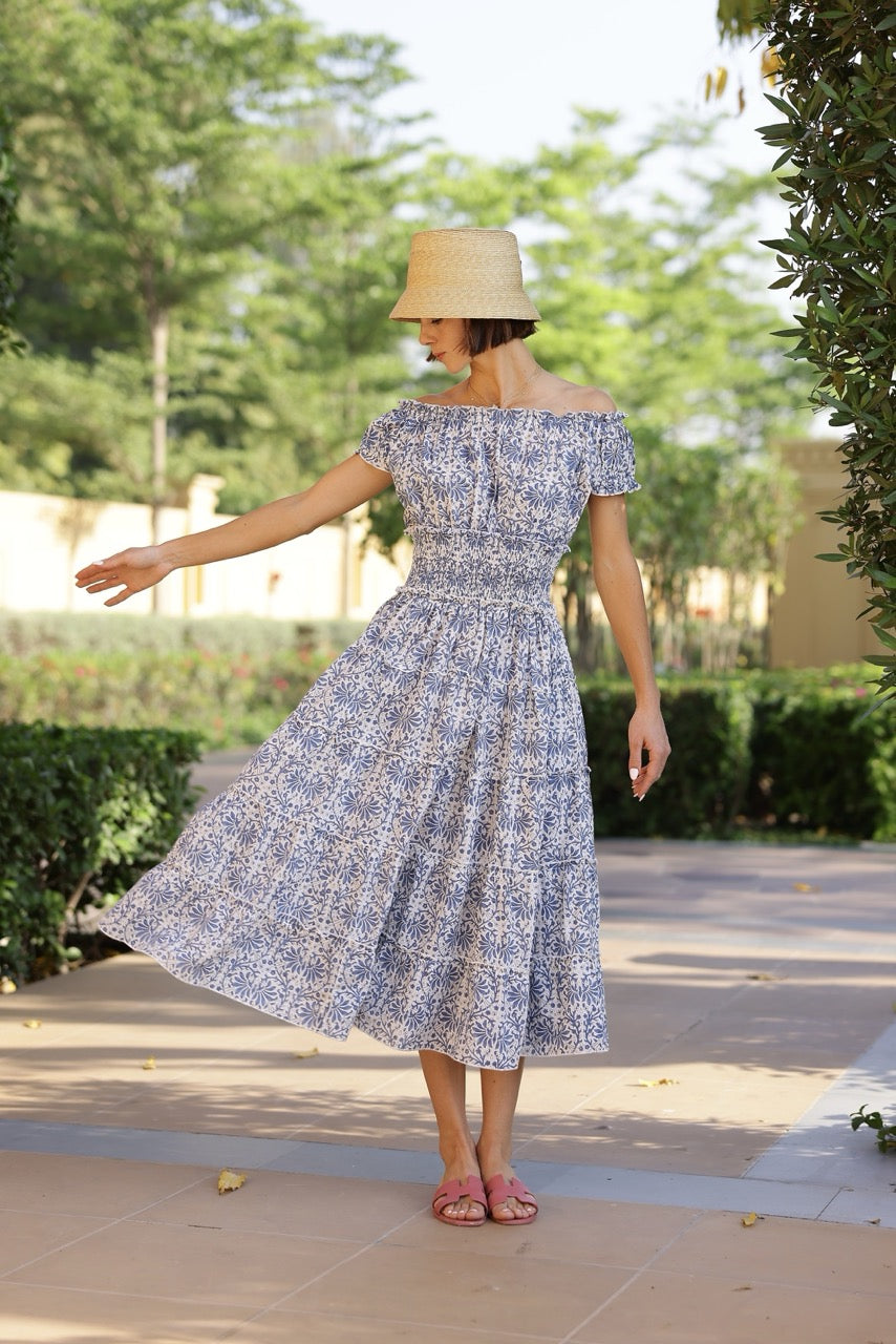 blue spring midi dress Watercolor Nymphéas Blue Floral Midi Dress main image 1