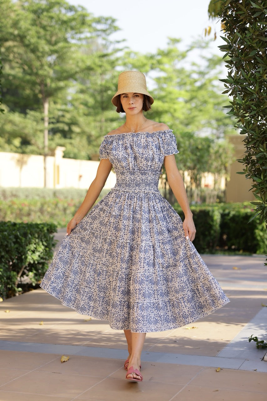 Majorca Midi Dress in Blue Botanical Vine
