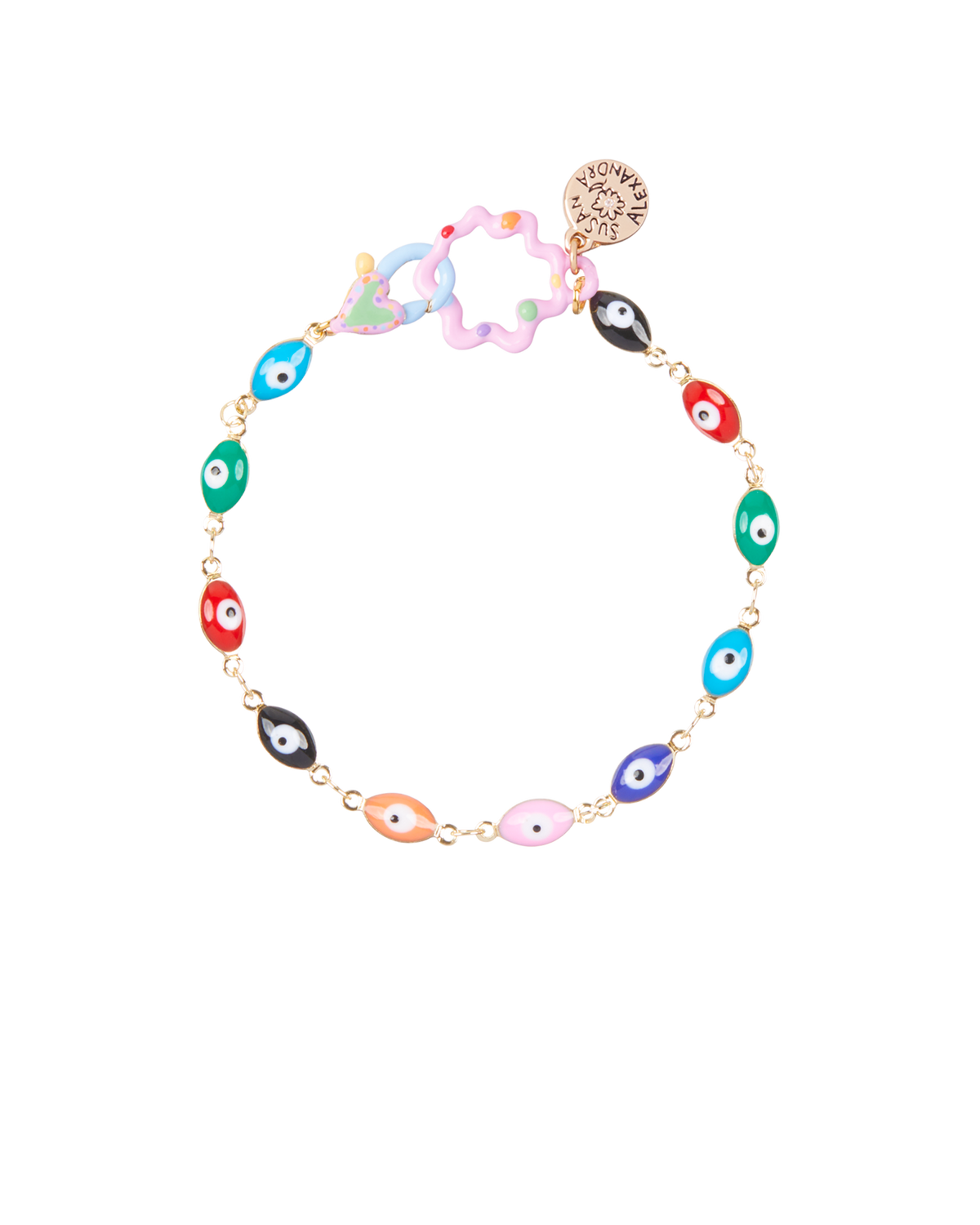 Front view of Malak Bracelet showcasing multicolor enamel evil eyes on a gold-plated chain against a plain background
