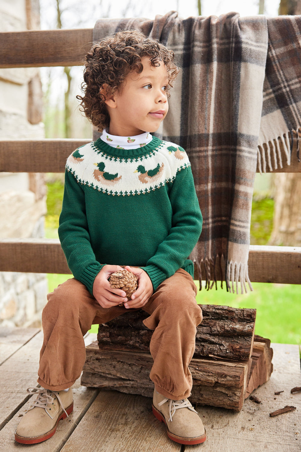 Front view of Banded Pant in Chestnut Corduroy on toddler showing elastic pull-on waistband and relaxed fit