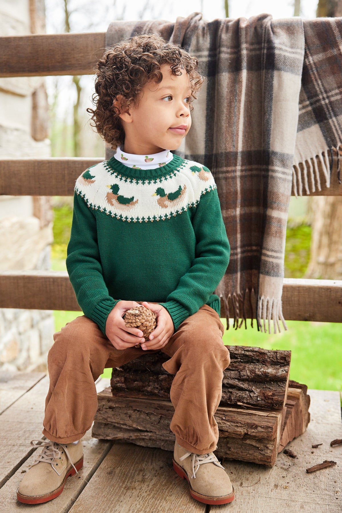 Front view of Banded Pant in Chestnut Corduroy on toddler showing elastic pull-on waistband and relaxed fit