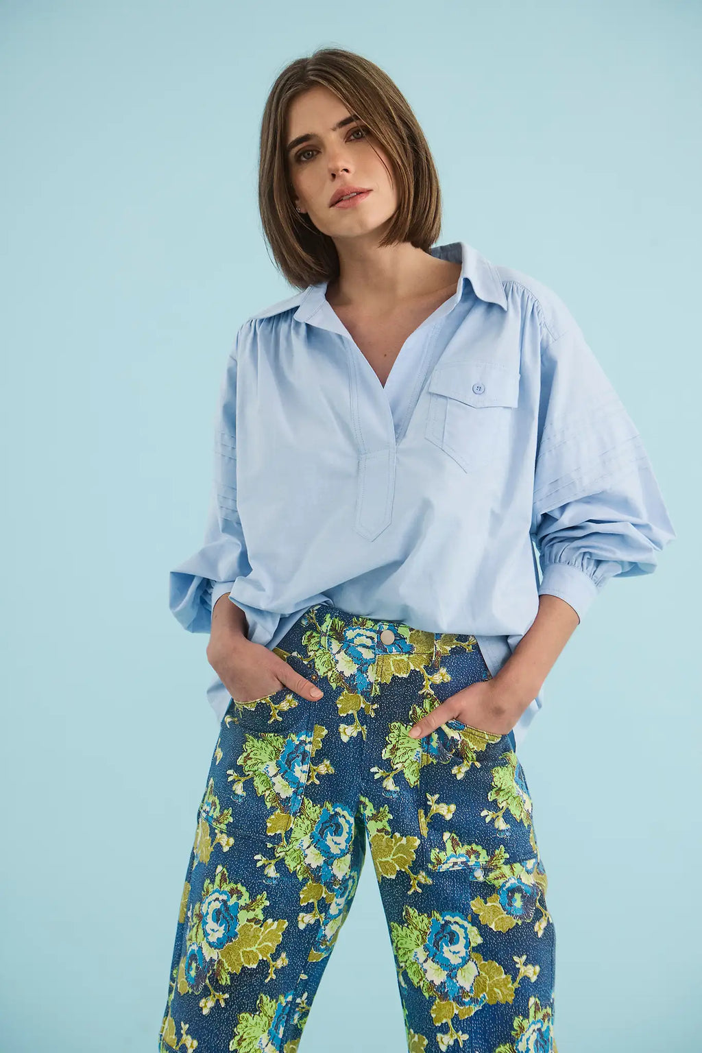 The Evangeline Shirt in Oxford Blue paired with the Mallory Jean in Primrose.