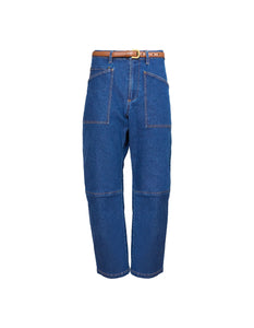 Front view of Mallory Jeans in Blue Ridge Denim showcasing barrel-leg silhouette and patch pockets against white background